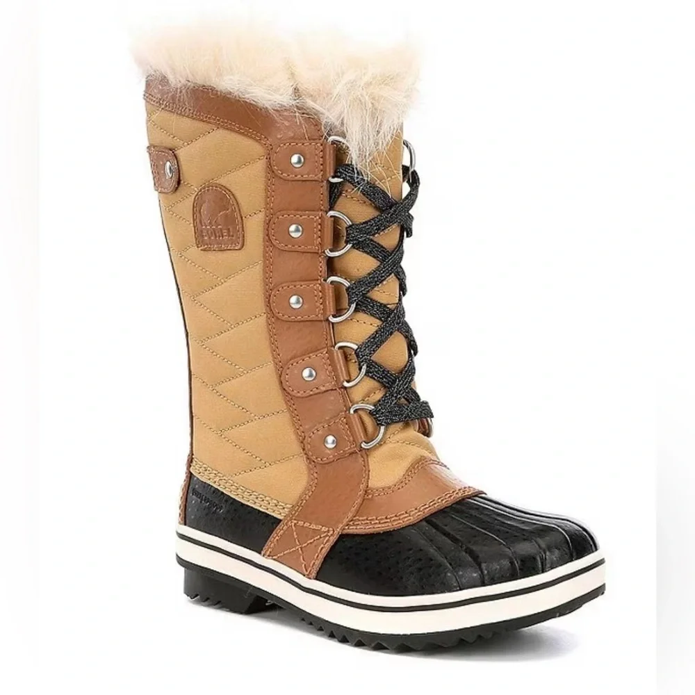 Sorel Kids Tan Brown Black Faux-Fur Lace-Up Winter Boots
